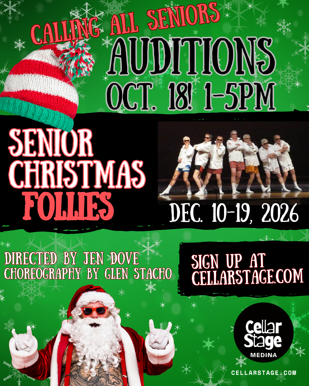 Senior Christmas Follies — Auditions Oct. 18, 1–5 PM — Performances Dec. 10–19, 2026 — Directed by Jen Dove, Choreography by Glen Stacho